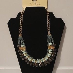 Aqua and Grey Beaded Statement Necklace - New with Tags NWT